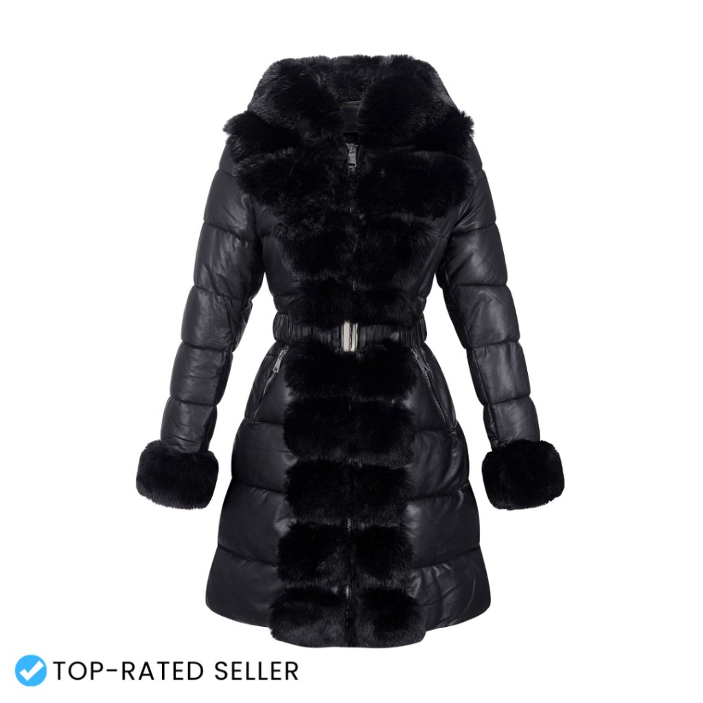 Faux Leather Puffer Jacket Long Fur Trim Hooded Loose Fit Elegant Winter Coat